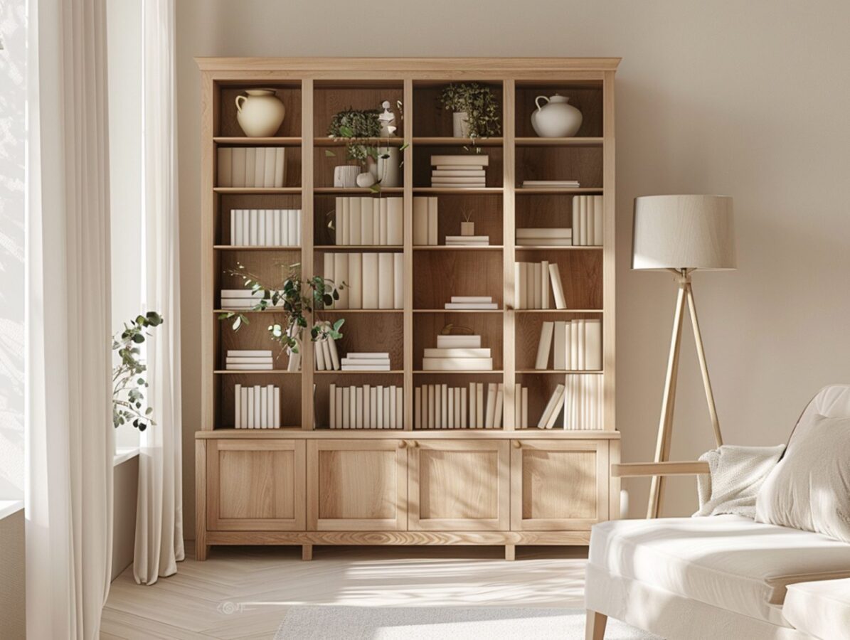 Regał z półkami i biblioteczką w stylu skandynawskim