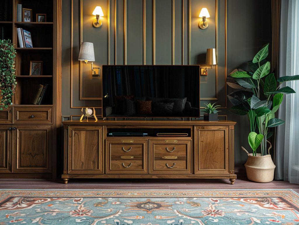 Drewniana szafka RTV z telewizorem w stylu retro glamour