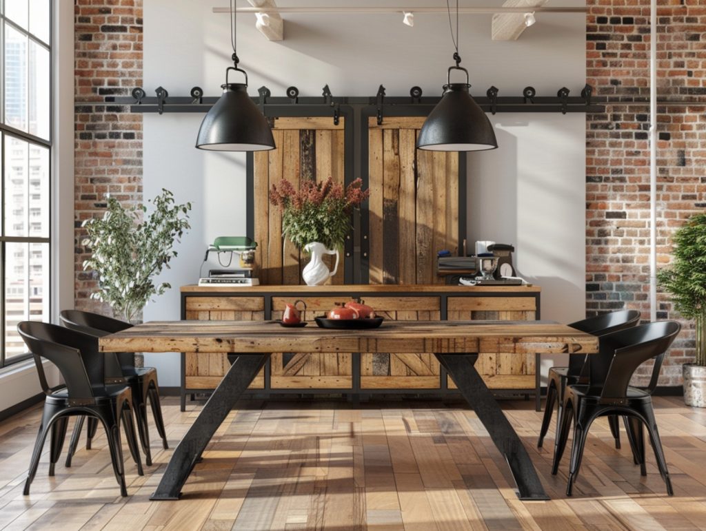 Stół jadalniany z ciemnego drewna i metalowymi nogami w stylu industrialnym
