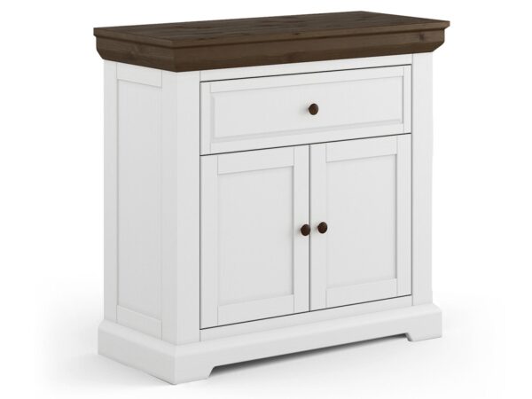 Biała szafka z ciemnym blatem i klasycznym wykończeniem