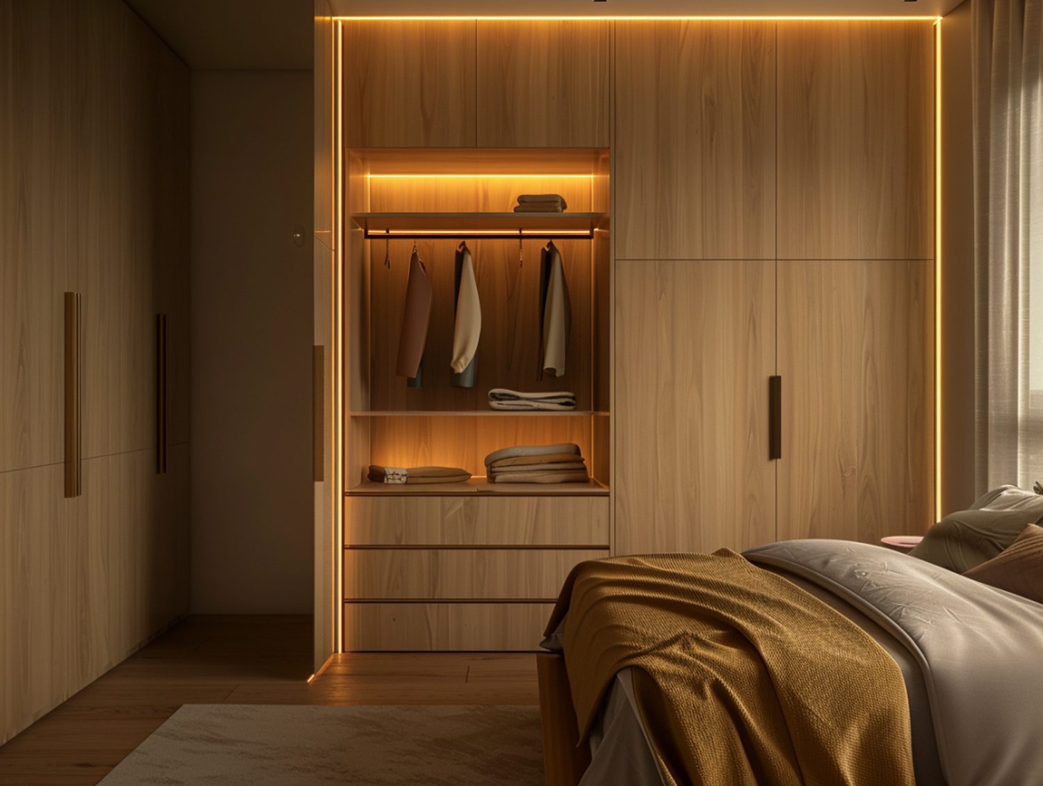 Zabudowana szafa z oświetleniem LED i drewnianymi panelami