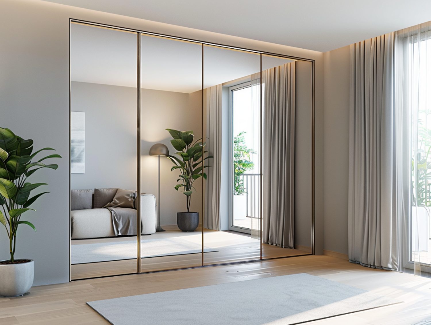 Szafa z drzwiami przesuwnymi i lustrzanym frontem w sypialni