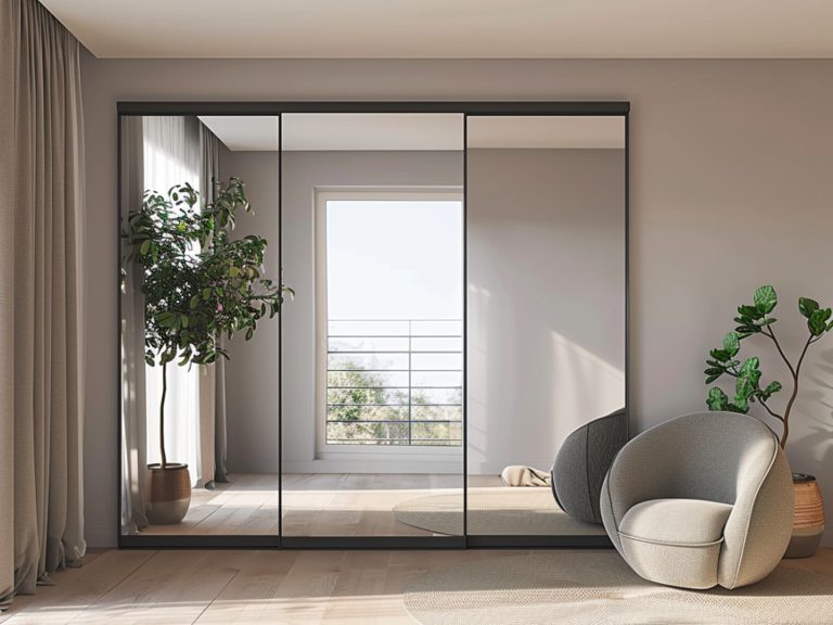 Minimalistyczny fotel i stolik przy szklanej ścianie w nowoczesnym apartamencie