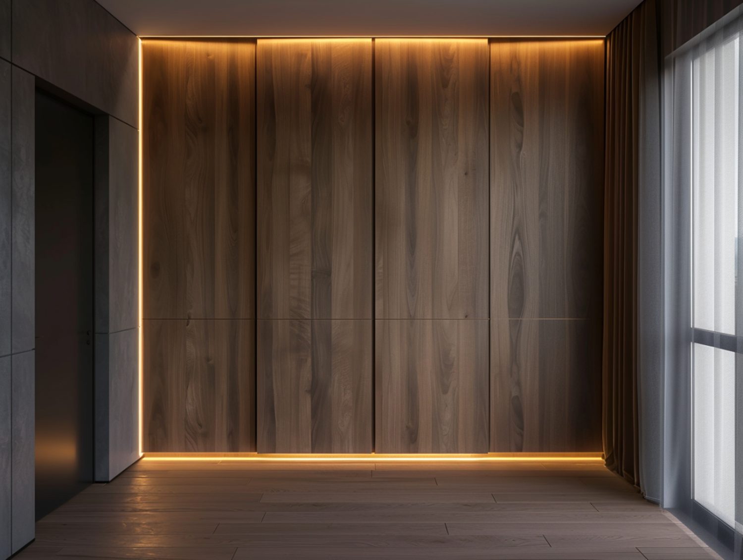 Drewniana zabudowa garderoby z pionowym podświetleniem w stylu nowoczesnym