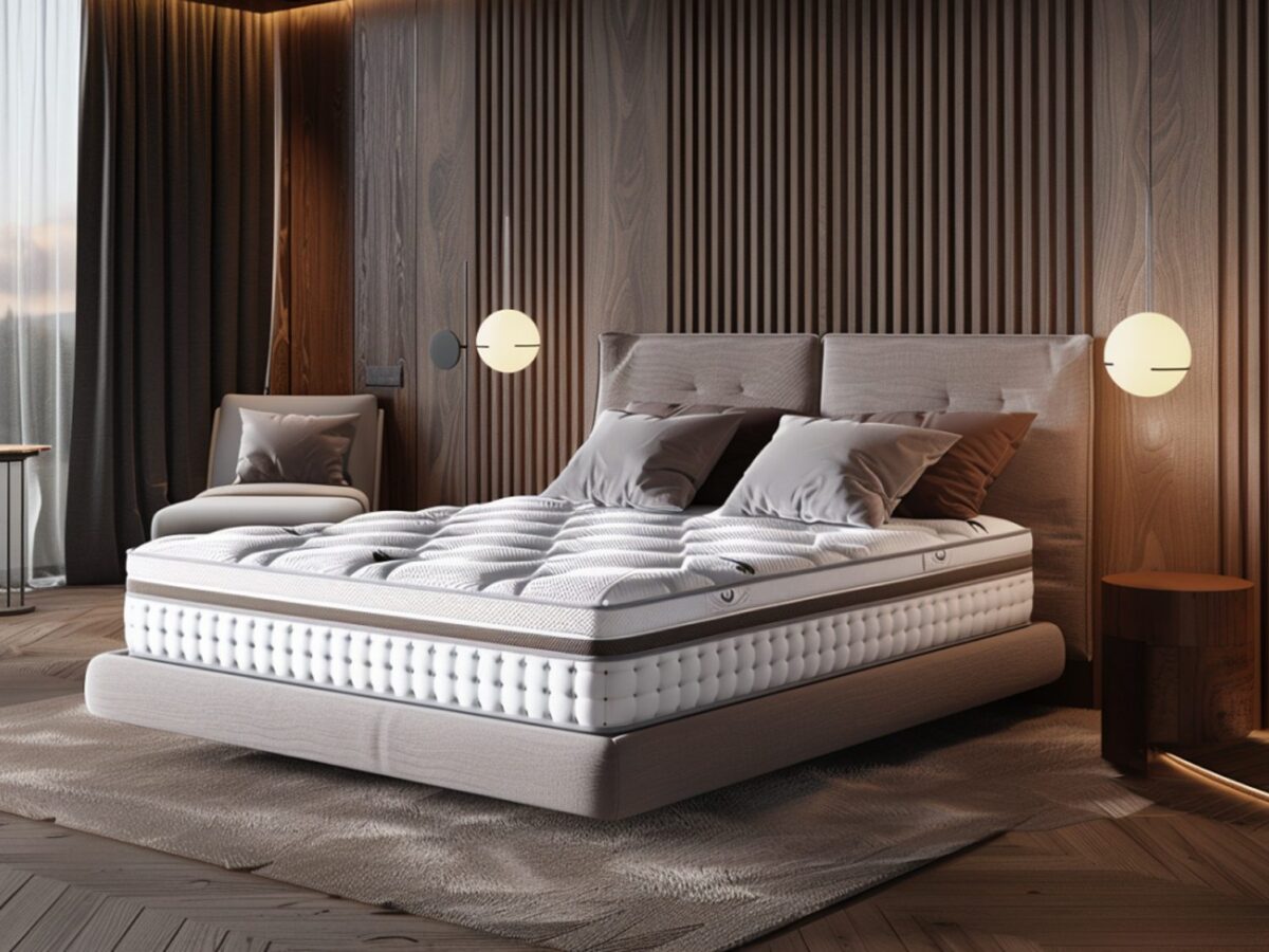 Nowoczesne łóżko tapicerowane z pionowymi panelami w eleganckiej sypialni