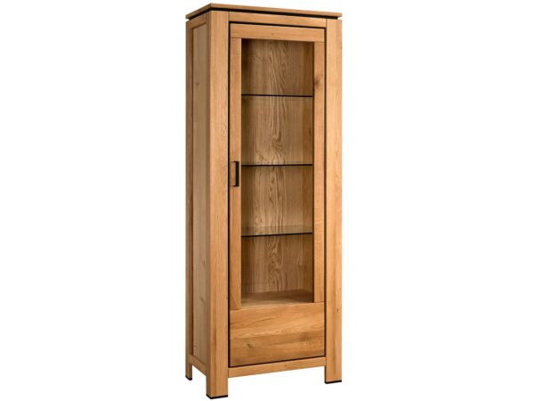 Wysoka dębowa witryna z przeszklonymi drzwiczkami i prostą formą