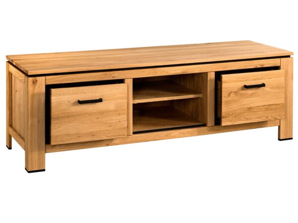 Szafka RTV z naturalnego drewna i pojemnymi szufladami w stylu loftowym