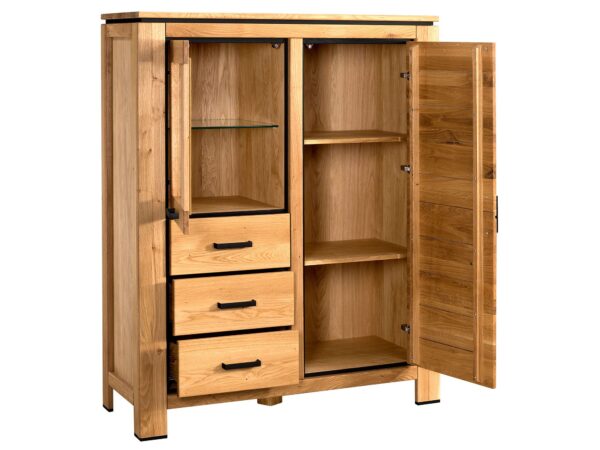 Drewniana szafa z trzema półkami i dwoma szufladami w stylu klasycznym