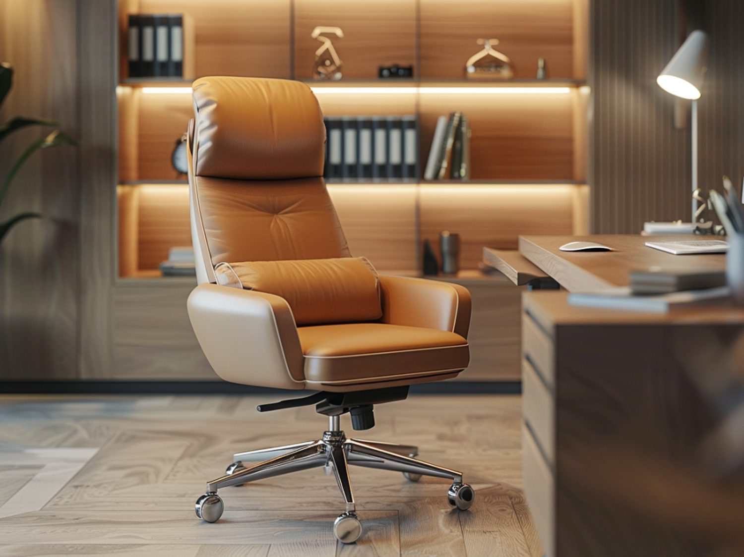 Nowoczesny fotel gabinetowy z jasnobrązowej skóry w eleganckim biurze