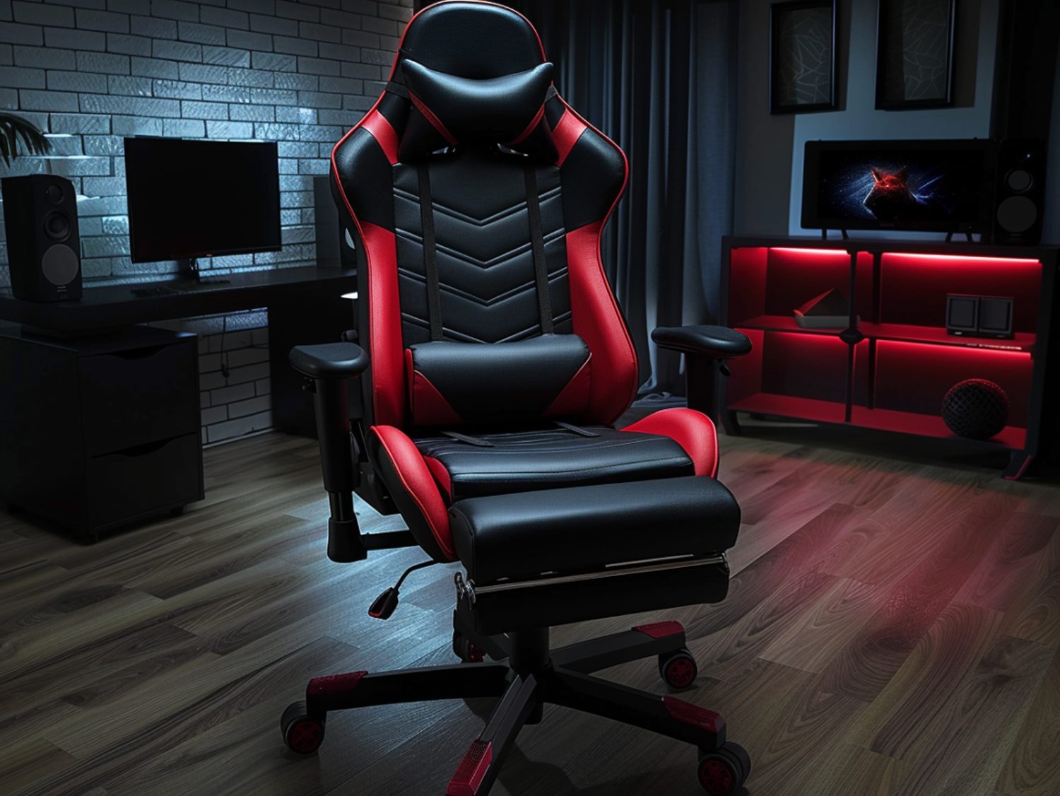 Fotel gamingowy czarno-czerwony w pokoju młodzieżowym
