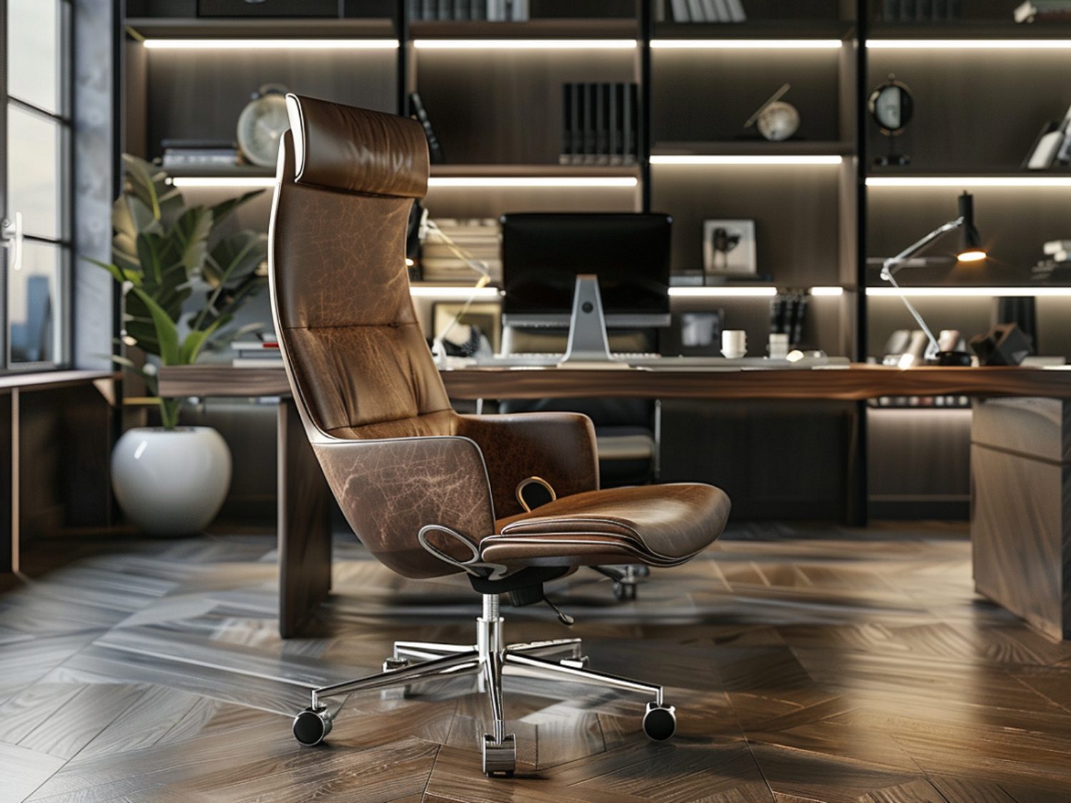 Luksusowy fotel biurowy z brązowej skóry i drewnianą podstawą