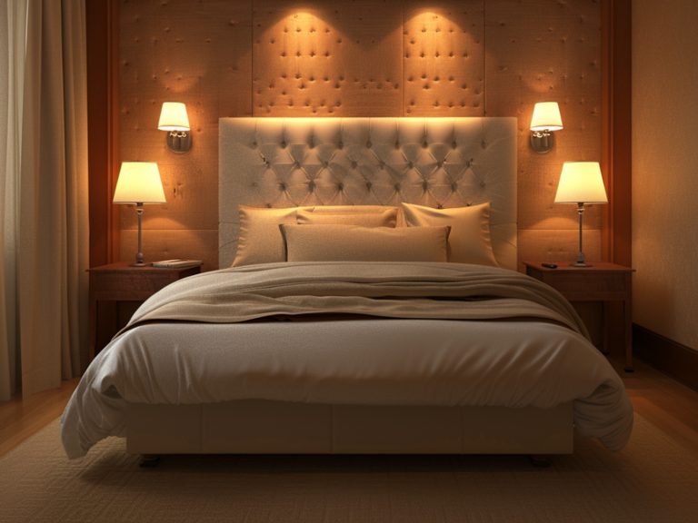 Luksusowe łóżko tapicerowane z pikowanym zagłówkiem w sypialni glamour