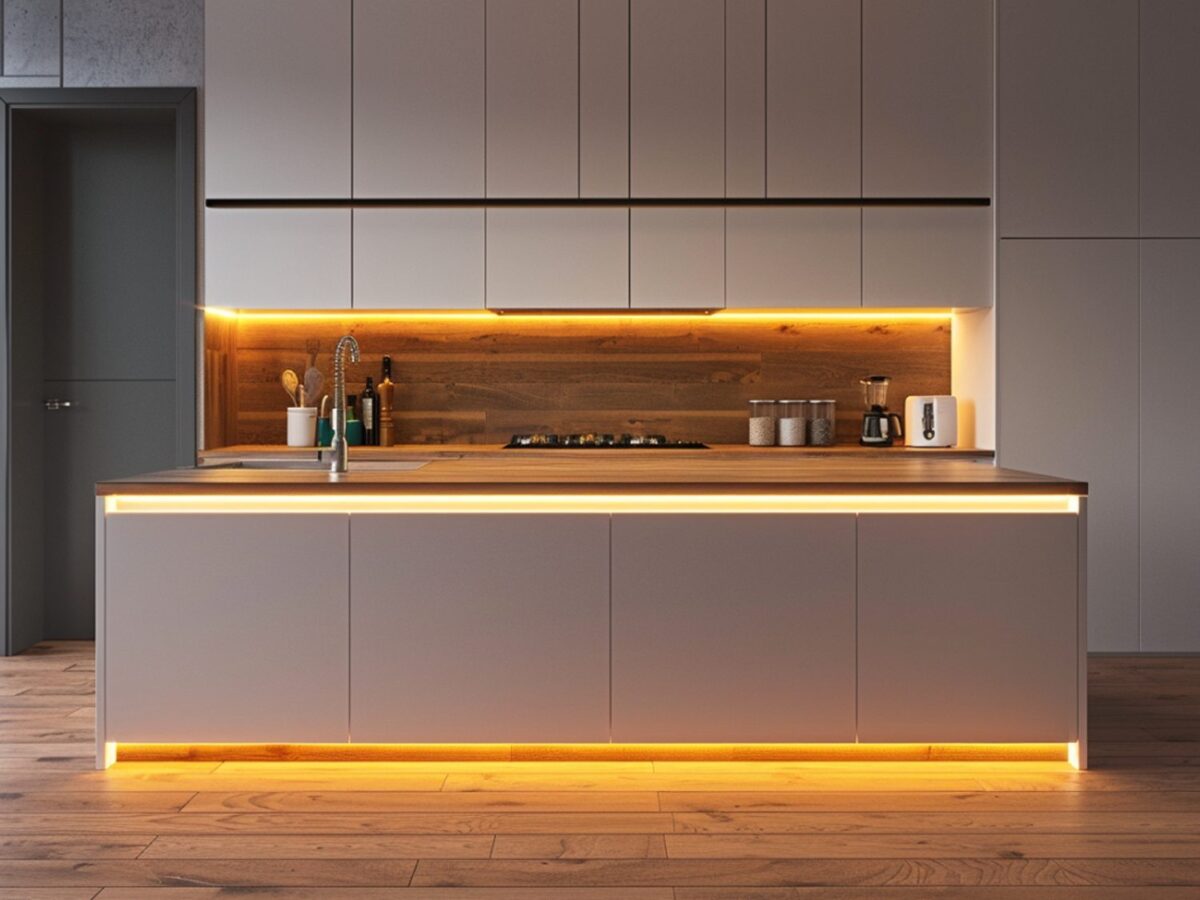 Nowoczesna zabudowa kuchenna z oświetleniem LED i frontami bezuchwytowymi