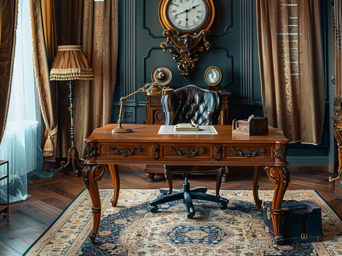Klasyczne biurko z rzeźbionego drewna w eleganckim gabinecie w stylu vintage