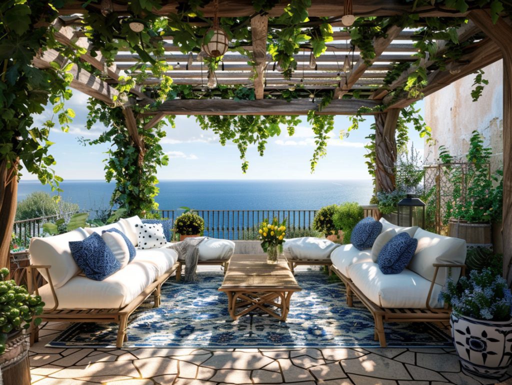 Tarasowy zestaw z technorattanu z widokiem na morze pod pergolą