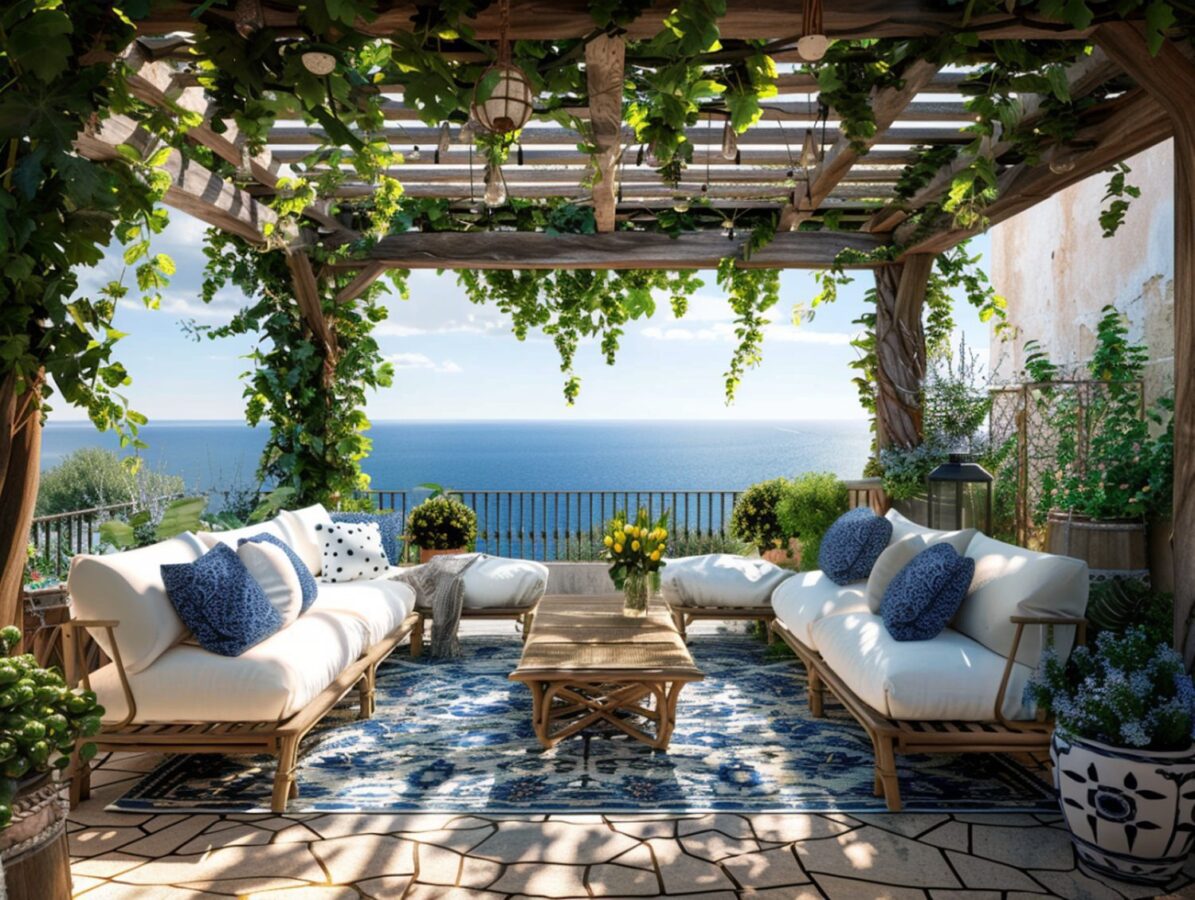 Tarasowy zestaw z technorattanu z widokiem na morze pod pergolą