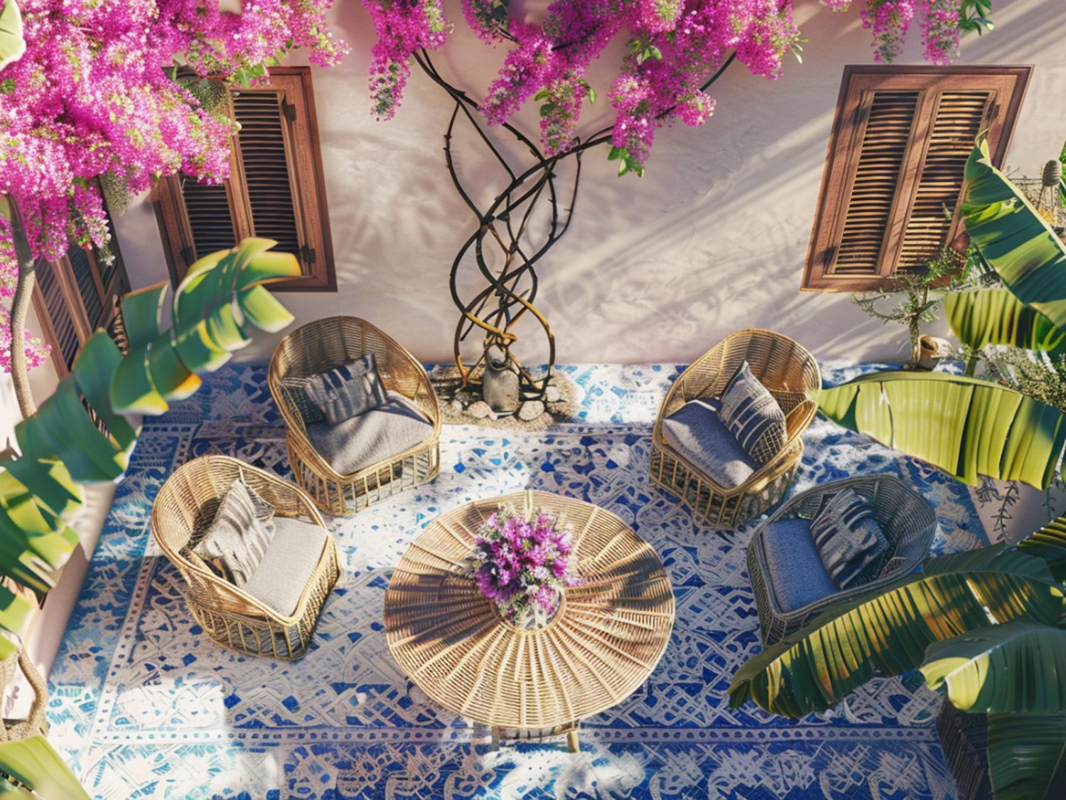 Kolorowe fotele ogrodowe z technorattanu przy okrągłym stoliku na dywanie