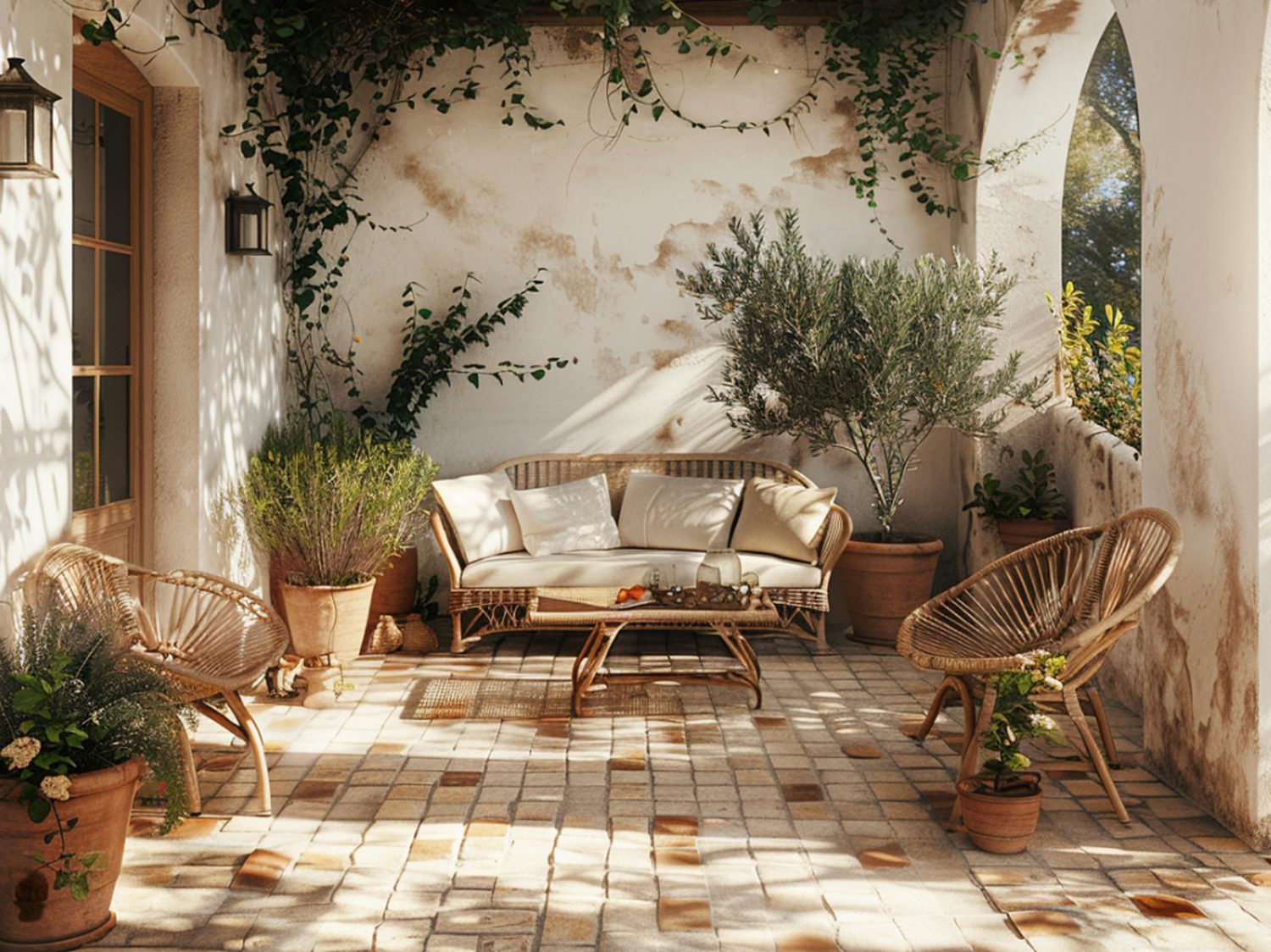 Taras z plecionymi meblami i poduszkami w rustykalnej aranżacji