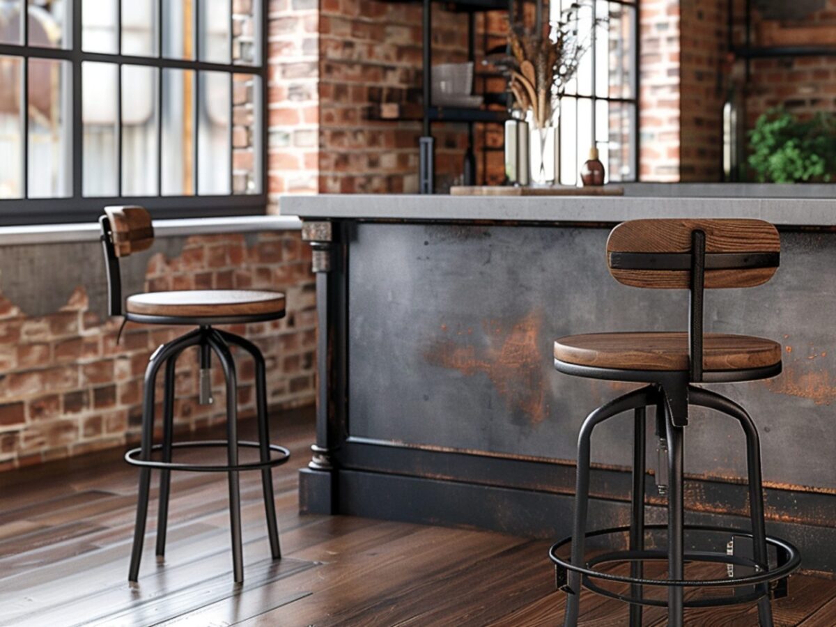 Loftowy barek z metalem i drewnianymi hokerami w stylu industrialnym