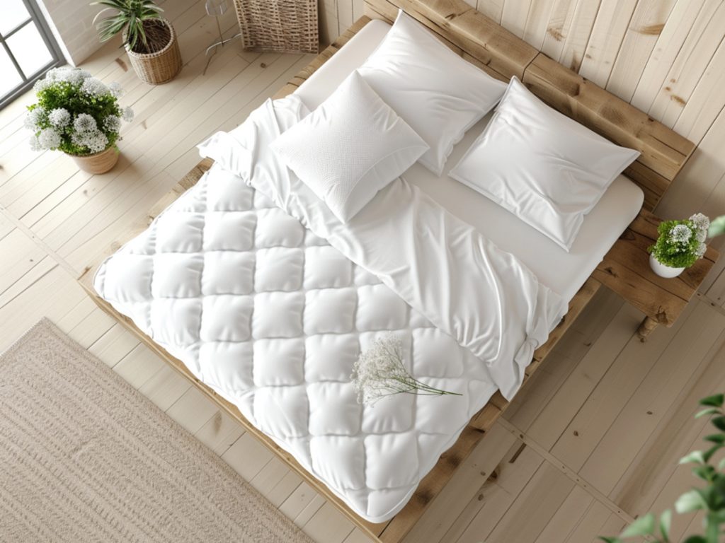 Materac premium na drewnianym stelażu w minimalistycznej sypialni