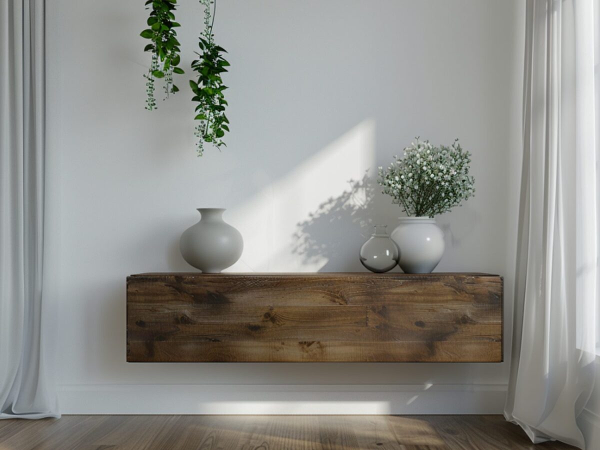 Wisząca drewniana półka w stylu rustykalnym z dekoracyjnymi wazonami