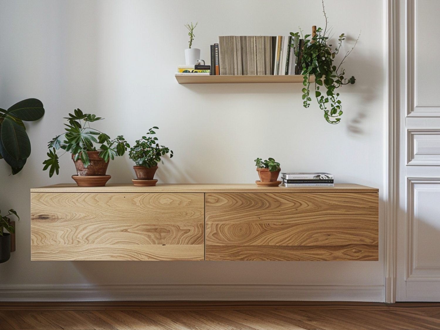 Komoda dębowa z szufladami i wiszącą półką w jasnym wnętrzu