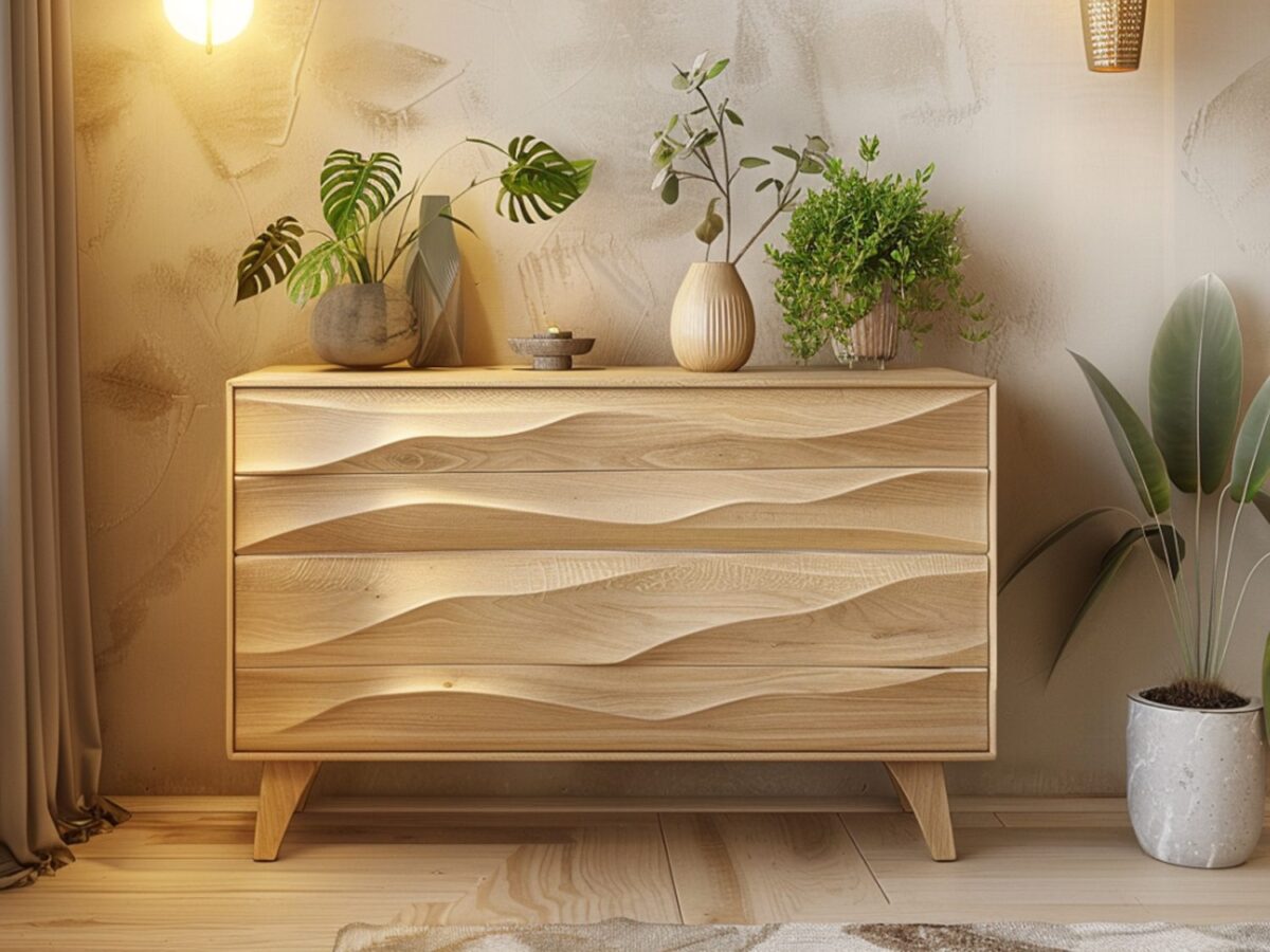Komoda drewniana z frezowaniami i ozdobami rośliny