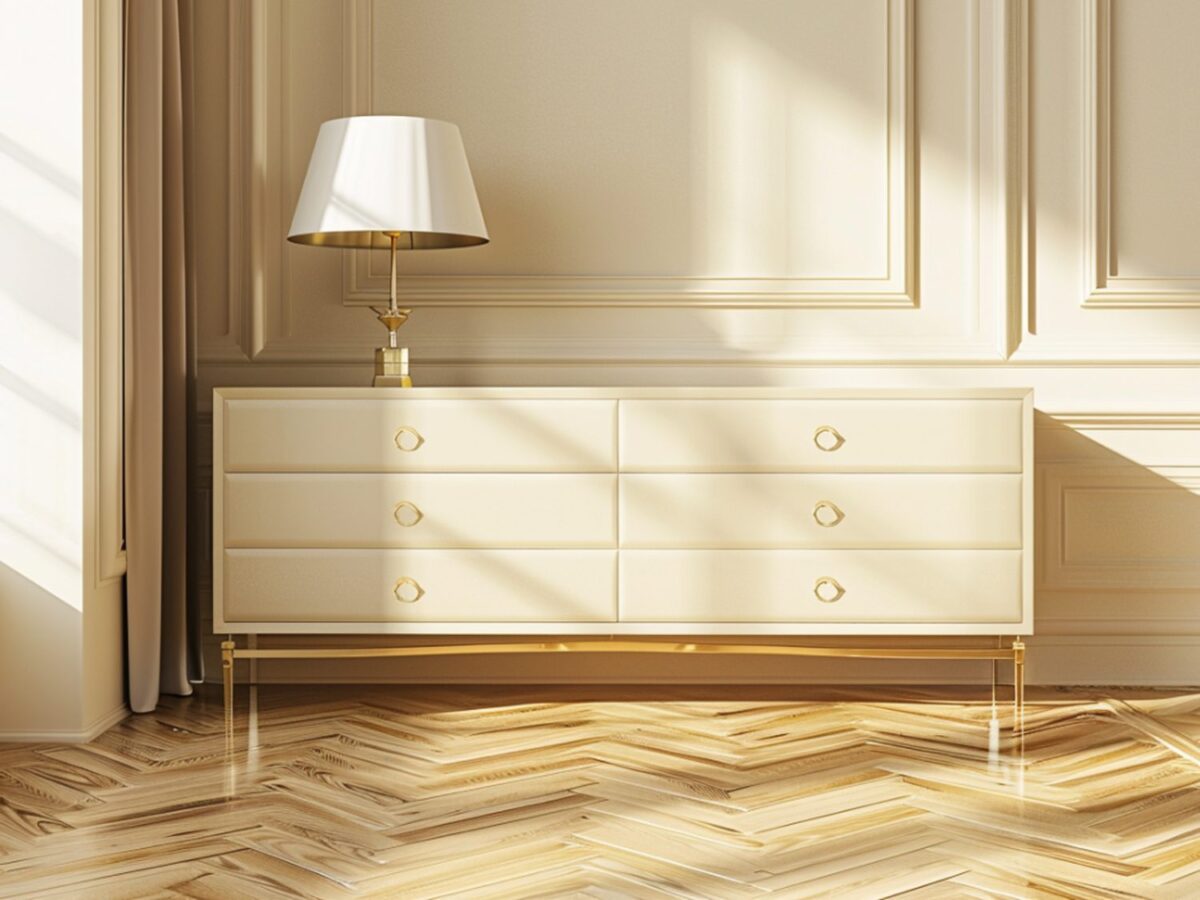 Klasyczna biała komoda z trzema szufladami i złotą lampą w stylu glamour