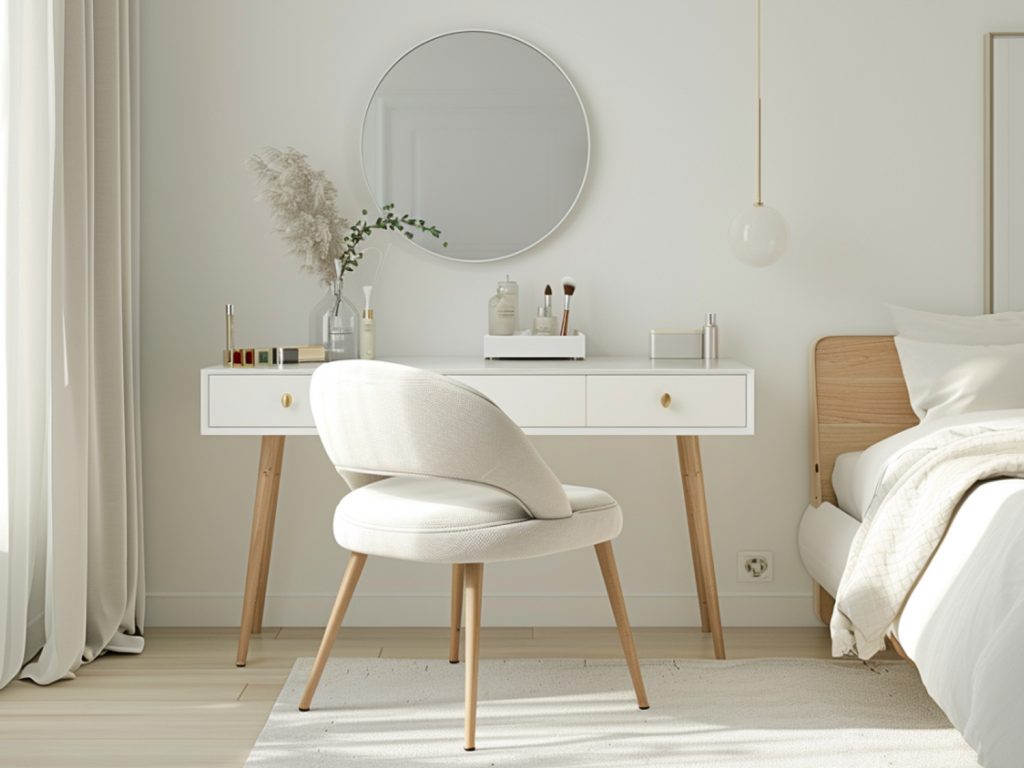 Toaletka z białym krzesłem w jasnej sypialni glamour