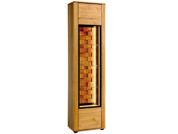 Witryna z dębu naturalnego z przeszkleniami i oświetleniem LED w stylu premium