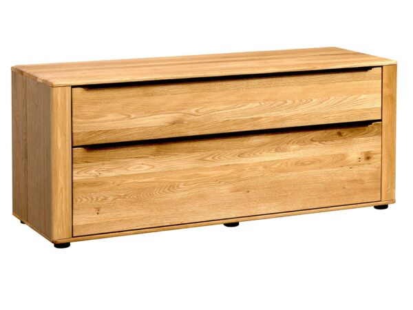 Dębowa komoda RTV z dwoma szufladami i prostym korpusem w stylu minimalistycznym