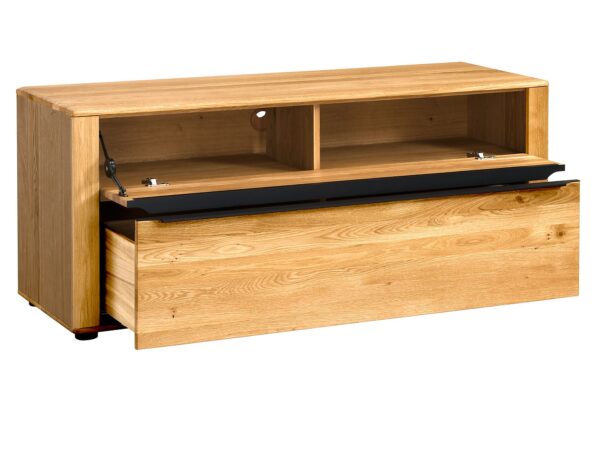 Komoda RTV z dębowego drewna z przeszklonym frontem i czarnymi prowadnicami w stylu industrialnym