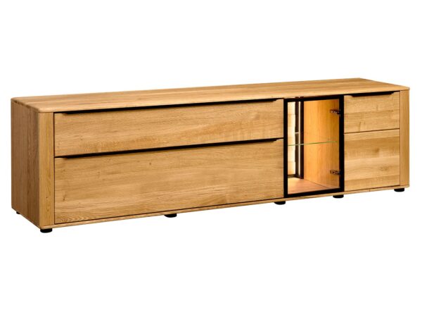 Szafka RTV z półką i czarnymi drzwiami przesuwnymi w stylu loftowym