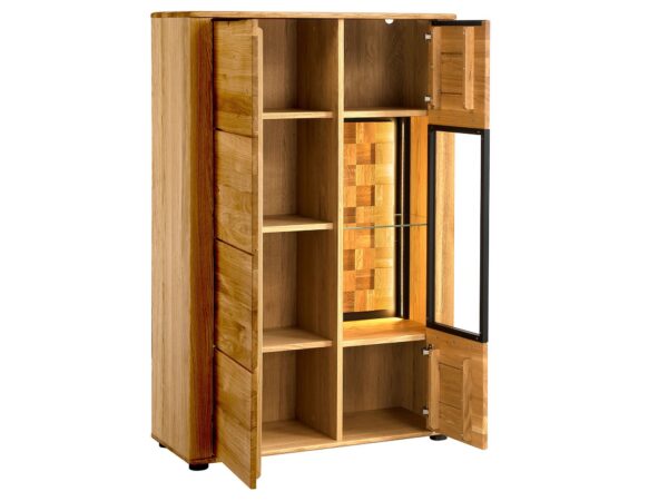 Szafa narożna z drewna z półkami i przeszklonym frontem w stylu klasycznym