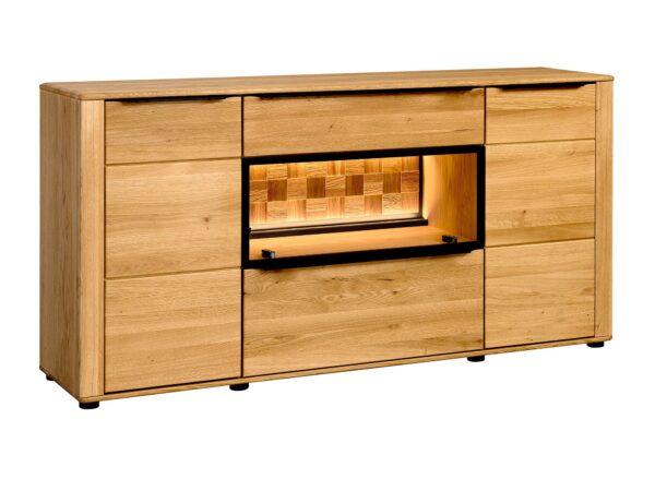 Komoda z naturalnego drewna z ozdobnym panelem i funkcją podświetlenia