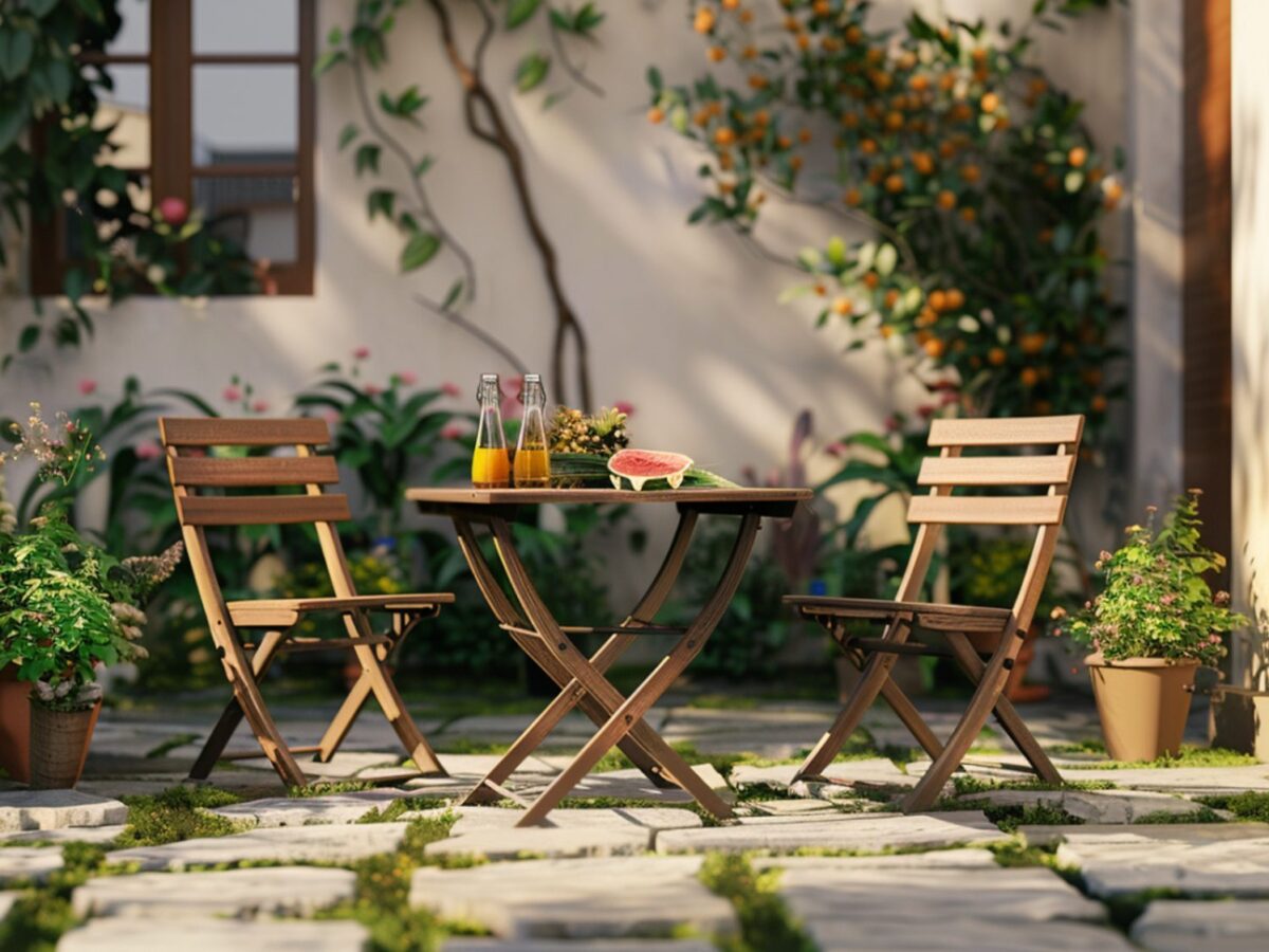 Mały drewniany zestaw kawowy na balkon w stylu prowansalskim