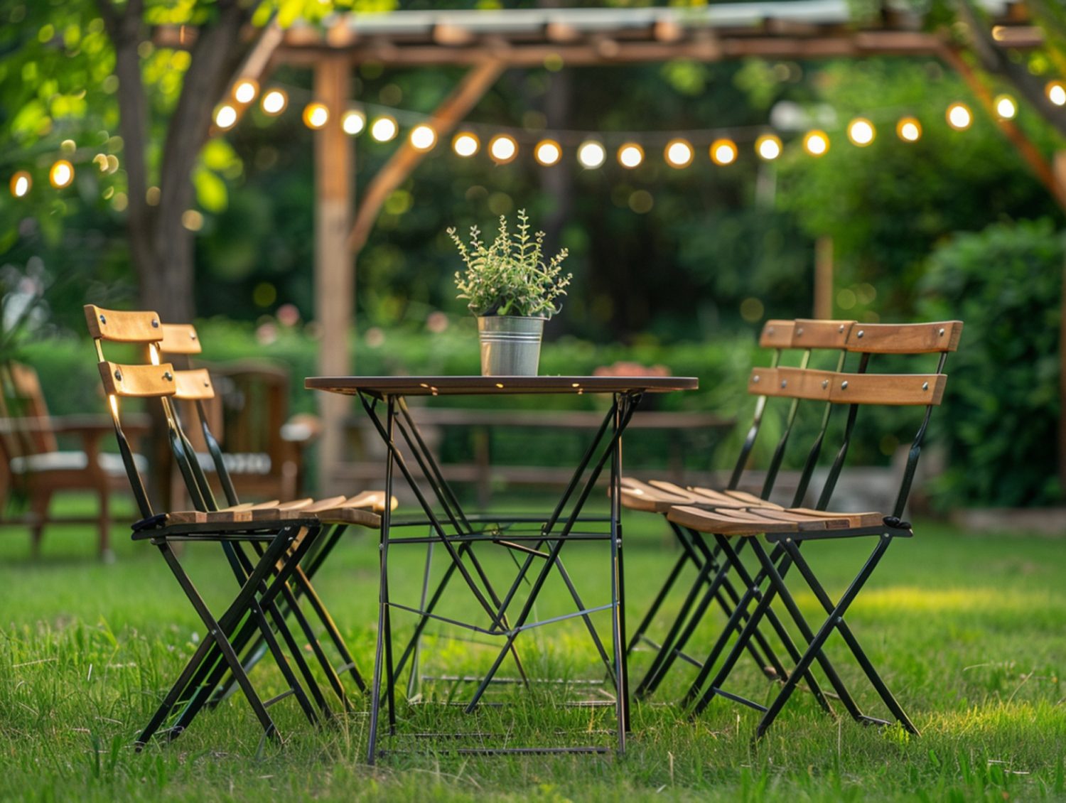 Drewniany zestaw ogrodowy pod pergolą w stylu rustykalnym