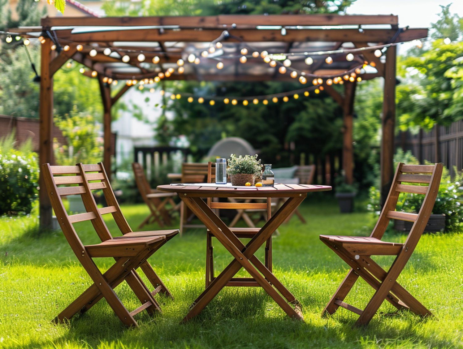 Zestaw mebli ogrodowych z drewna pod pergolą z oświetleniem LED