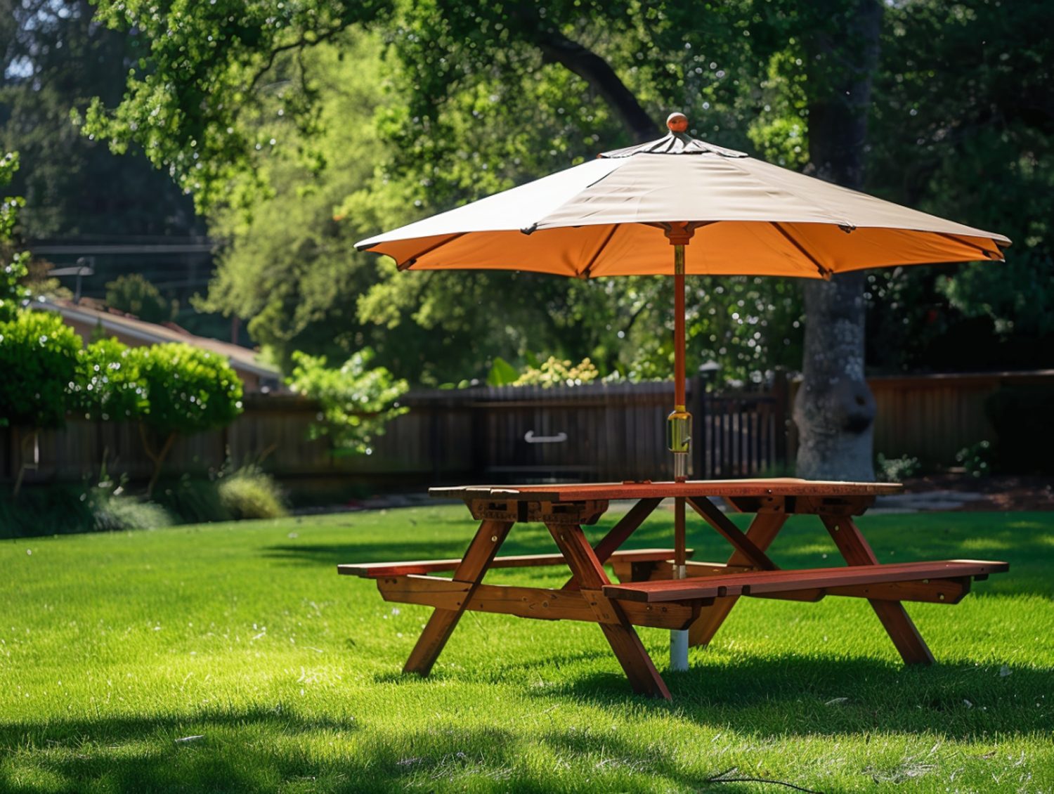 Drewniany stół ogrodowy z parasolem w klasycznym stylu na trawie