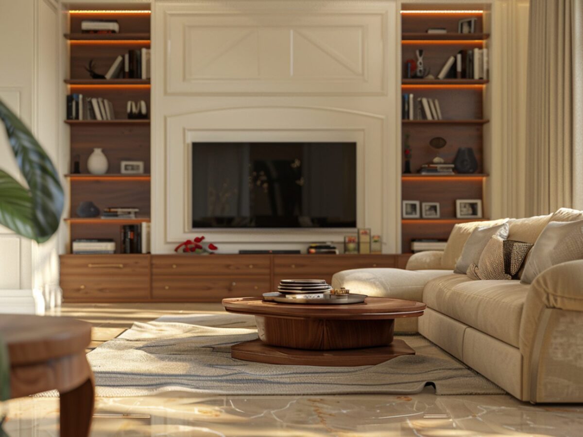 Elegancka drewniana zabudowa ścienna z kominkiem w salonie glamour