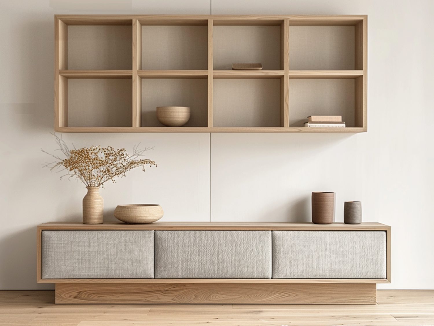 Nowoczesna zabudowa RTV w stylu skandynawskim z jasnego drewna