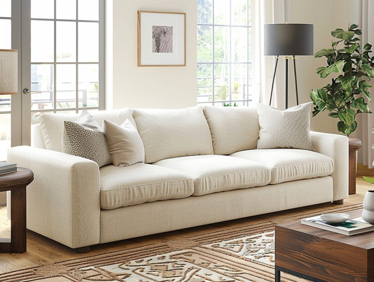 Beżowa sofa w stylu skandynawskim z poduszkami w jasnym salonie