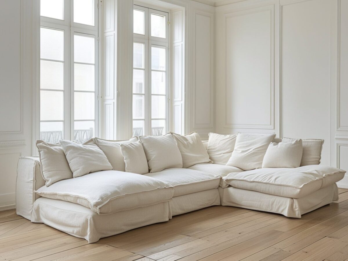 Duży narożnik w stylu skandynawskim w jasnym salonie z drewnianą podłogą