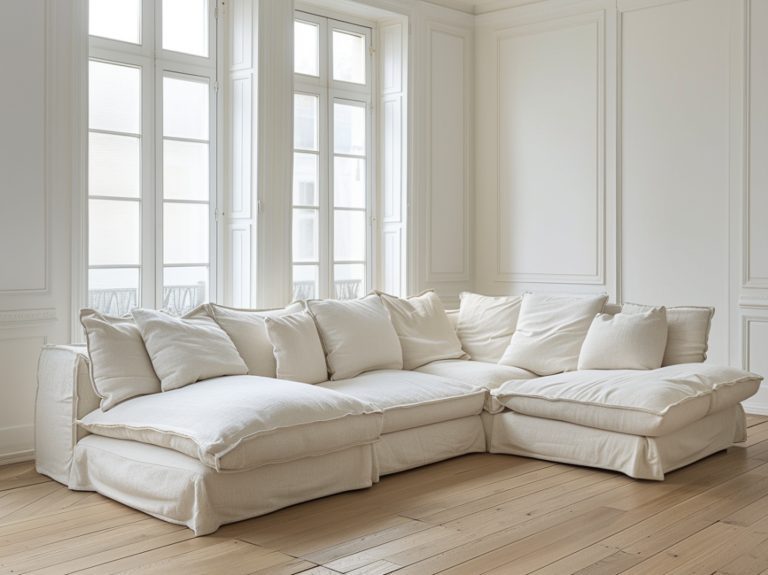 Duży narożnik w stylu skandynawskim w jasnym salonie z drewnianą podłogą