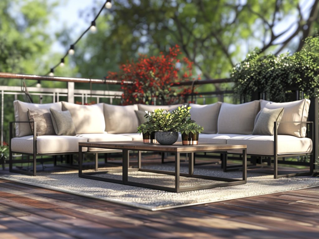 Tarasowy zestaw wypoczynkowy z technorattanu z czarną ramą i poduchami