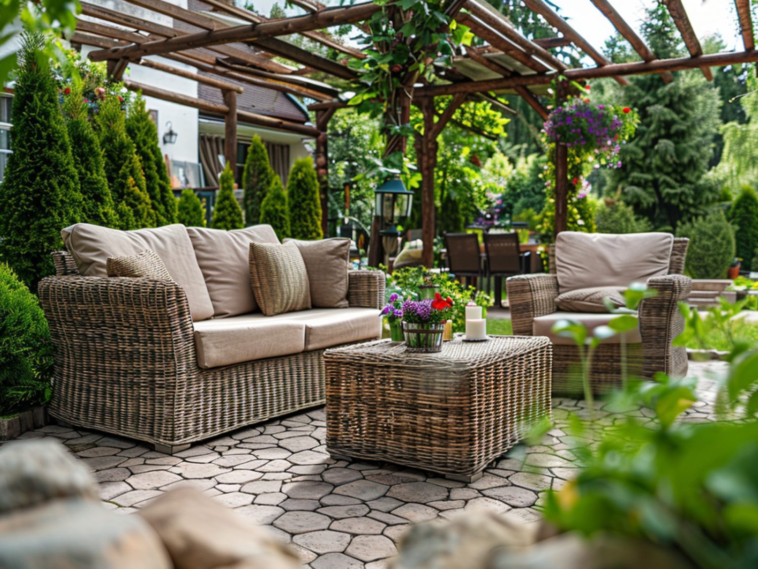 Stylowy zestaw wypoczynkowy z technorattanu w pergoli z zielenią