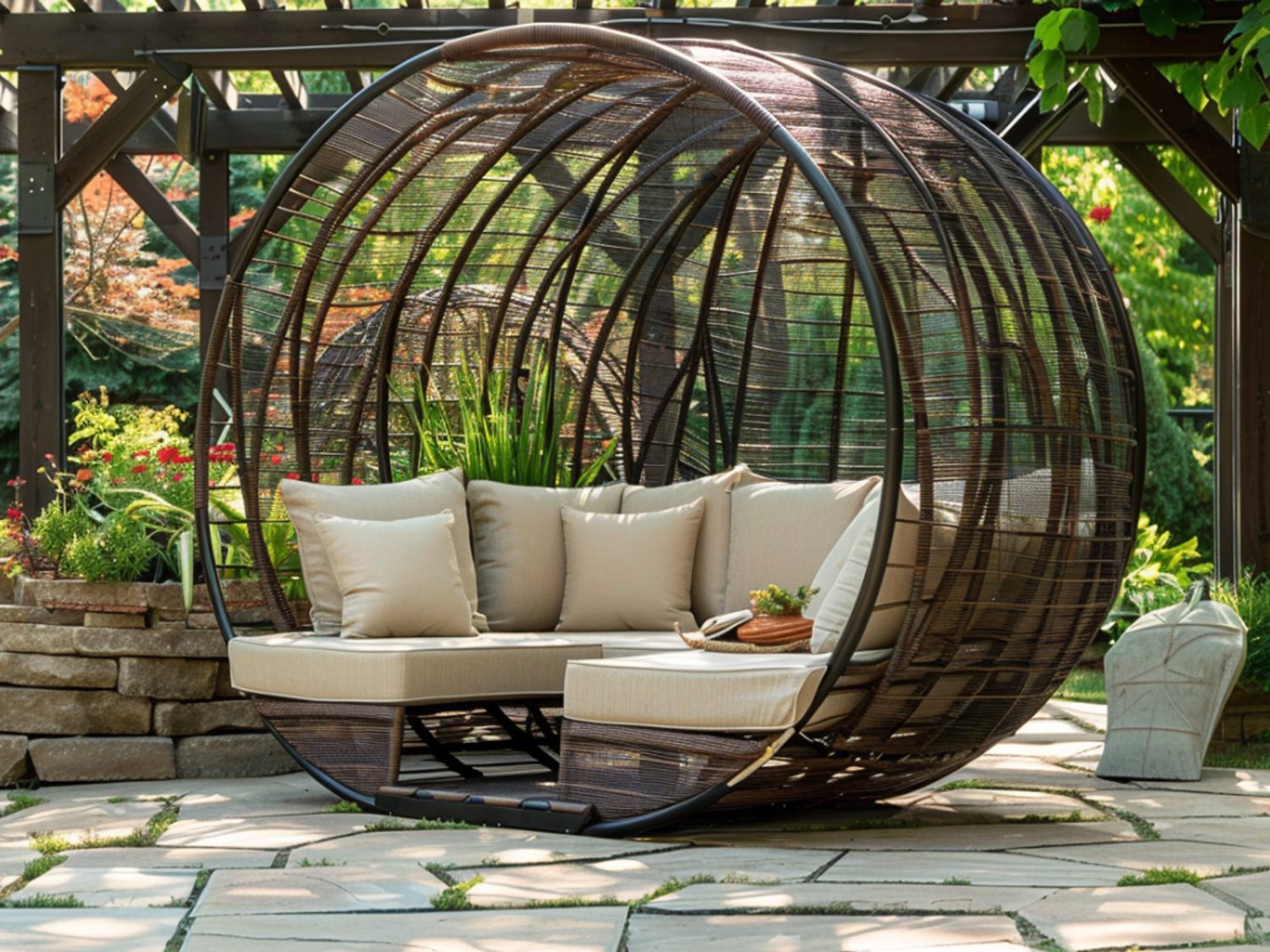 Designerski fotel ogrodowy z technorattanu w kształcie kuli z poduszkami