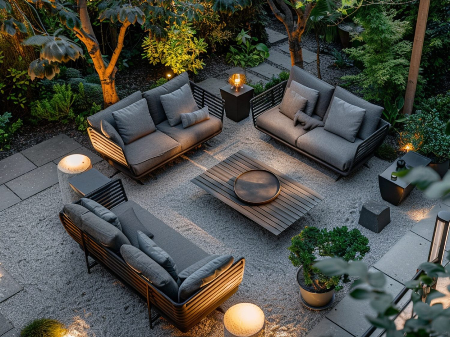 Zestaw mebli ogrodowych z technorattanu w odcieniach szarości na patio