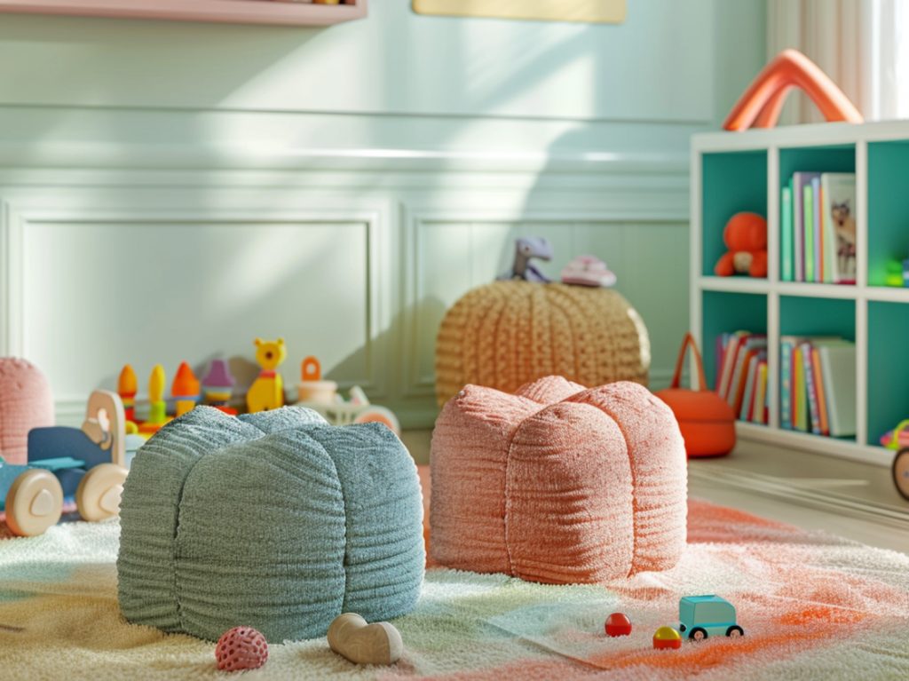 Pufy w kolorach miętowym i łososiowym w pokoju dziecięcym