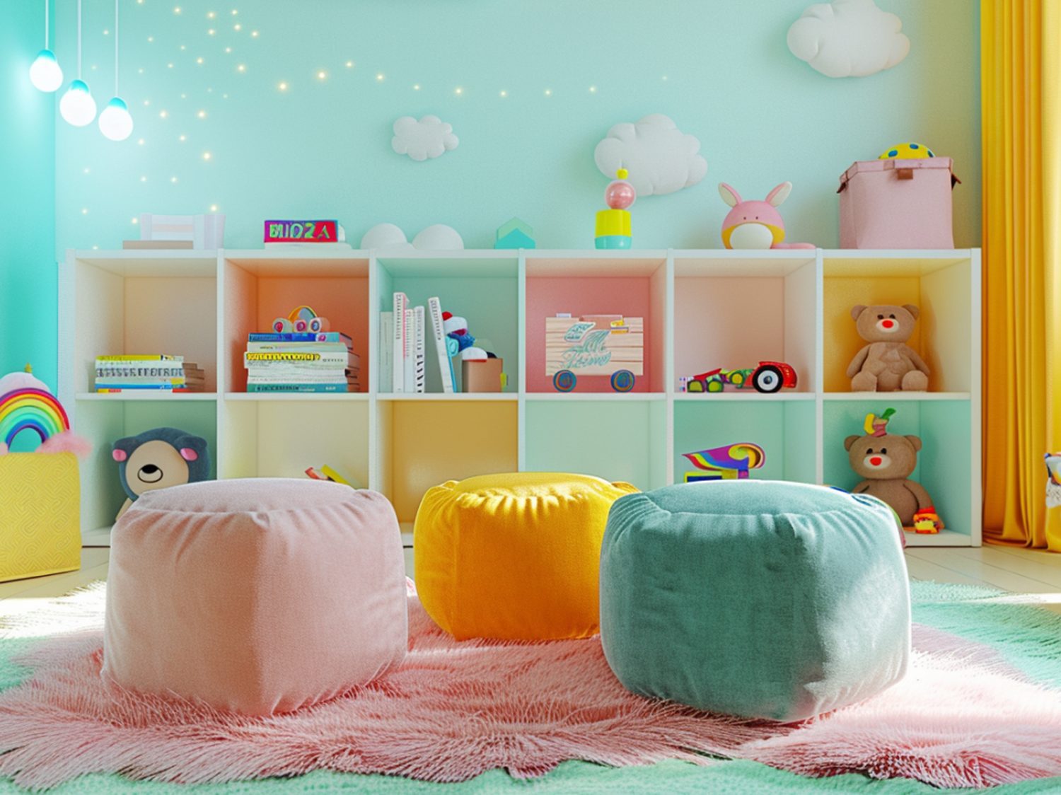 Pluszowe pufy w pastelowych kolorach w skandynawskim pokoju dziecięcym